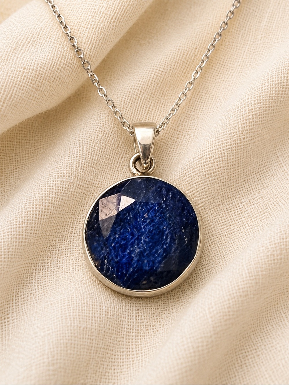 Natural Blue Faceted Sapphire Round Bezel Set Pendant 925 Silver NEW #684